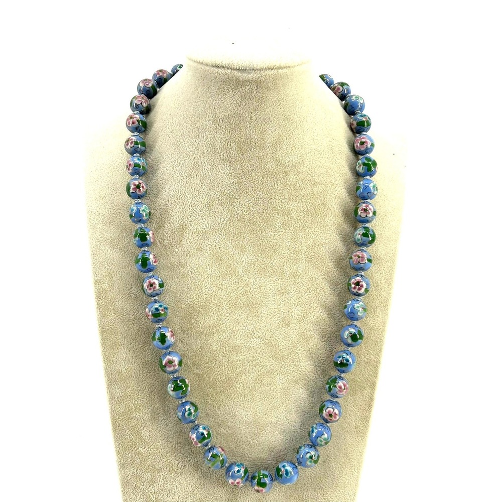 Vintage Blue Cloisonne Enamel Floral Bead Hand Knotted Necklace Filigree Clasp